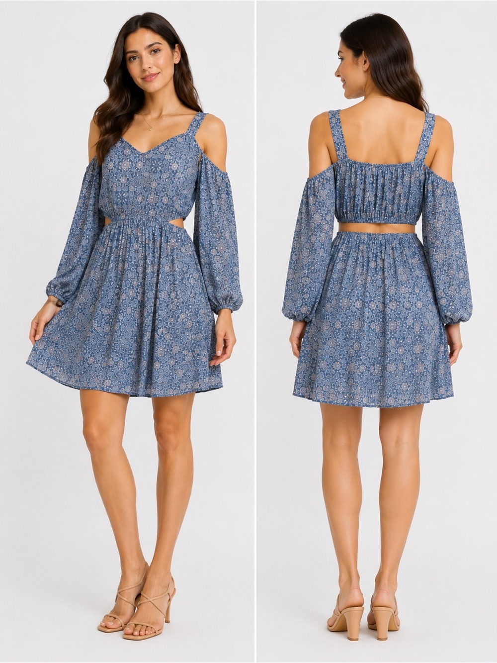 Sienna Sky Blue Floral Cold-Shoulder Mini Dress
